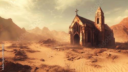 An atmospheric scene depicting a desolate, sun-baked desert landscape with a distressed and abandoned stone church in the foreground. The church has a tall steeple topped with a cross and features Got photo