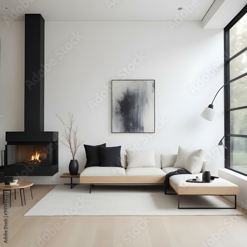 A modern and minimalist living room with a white sofa, a black fireplace, and a large blank canvas on the wall.