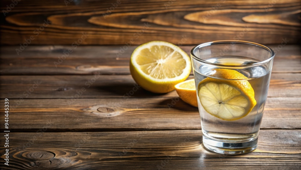 Fototapeta premium Glass of water on a wooden table with a slice of lemon, hydrate, refreshment, clear, drink, liquid,cleanse, pure, hydration