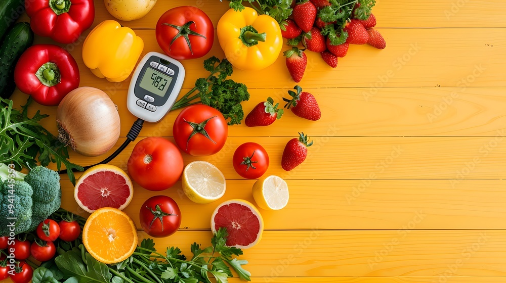 Fresh Produce and Nutrition Monitor on a Vibrant Yellow Background Fresh Produce and Nutrition Monitor on a Vibrant Yellow Background