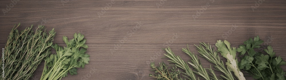 Herb Harmony on Rustic Table, vibrant fresh herbs artfully arranged on a weathered wooden surface, perfect for culinary themes, minimalist aesthetic, inviting simplicity and freshness Herb Harmony on Rustic Table, vibrant fresh herbs artfully arranged on a weathered wooden surface, perfect for culinary themes, minimalist aesthetic, inviting simplicity and freshness