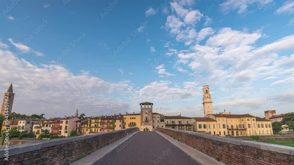 Verona Italy time lapse city skyline at Adige river and Verona Cathedral Ponte Pietra bridge Verona Italy time lapse city skyline at Adige river and Verona Cathedral Ponte Pietra bridge
