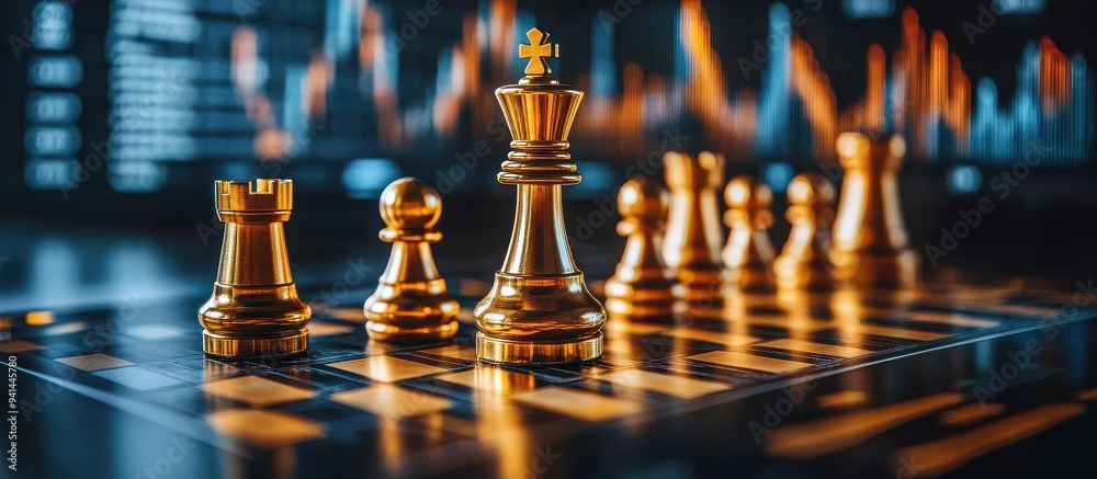Golden Chess Pieces on a Board with Blurred Financial Graphs in the Background Golden Chess Pieces on a Board with Blurred Financial Graphs in the Background
