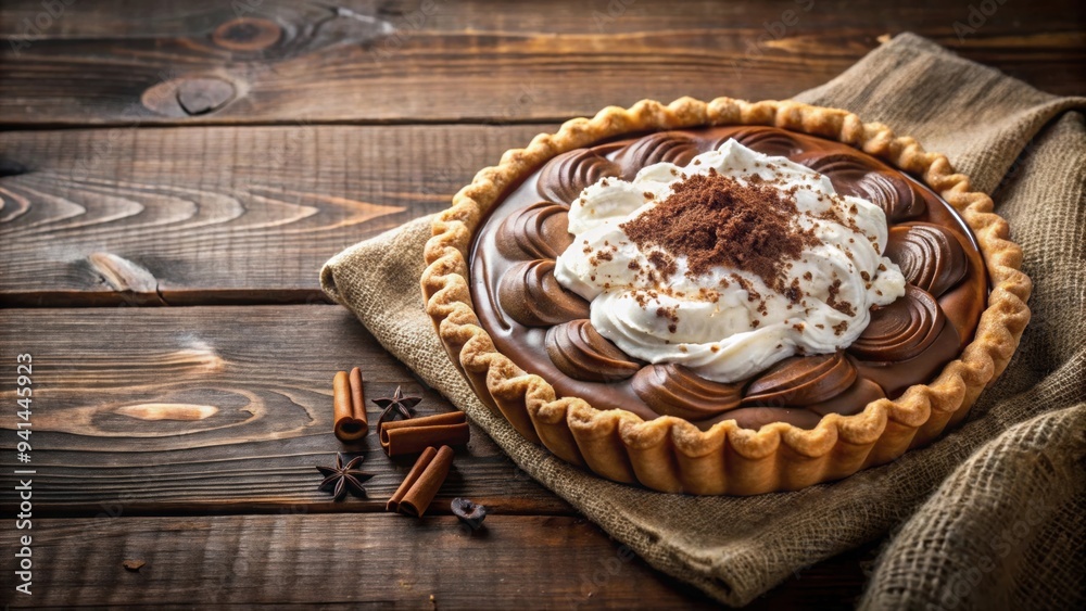 Delicious chocolate cream pie on a rustic wooden table, dessert, sweet, tasty, pastry, homemade, slice, decadent, cocoa Delicious chocolate cream pie on a rustic wooden table, dessert, sweet, tasty, pastry, homemade, slice, decadent, cocoa