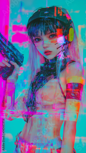 Synthwave Anime Girl with Machine Gun Post Apocalyptic Soldier Sci-Fi Fantasy