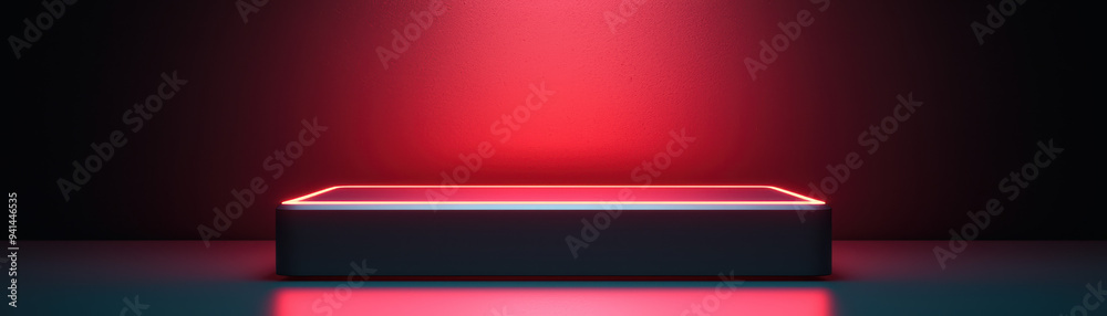 Obraz premium Futuristic neon-lit platform in a dark setting with red glowing accents, suitable for showcasing products, tech events, or modern presentations.