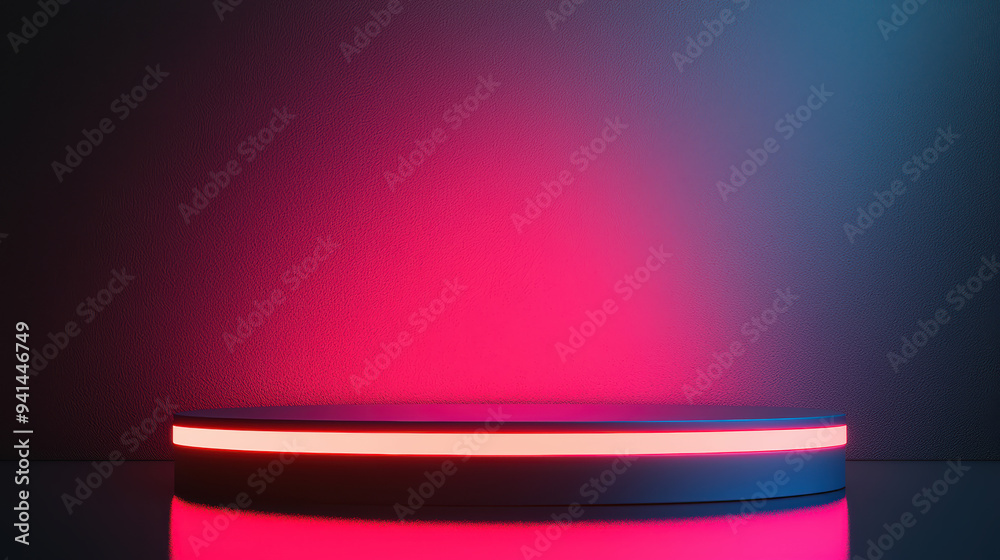 Obraz premium Modern minimalist podium with red neon lighting on dark background. Ideal for product showcase, futuristic designs, or tech presentations.