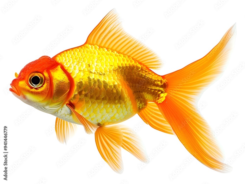 Detailed Close up of a Vibrant Goldfish with Delicate Fins on White Background Detailed Close up of a Vibrant Goldfish with Delicate Fins on White Background
