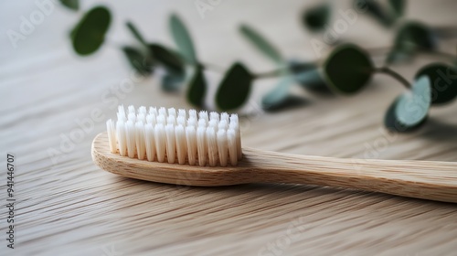 Eco-friendly oral hygiene: a bamboo toothbrush with natural toothpaste. Sustainable bamboo toothbrush for reducing plastic waste. Wooden toothbrush for a greener lifestyle. 