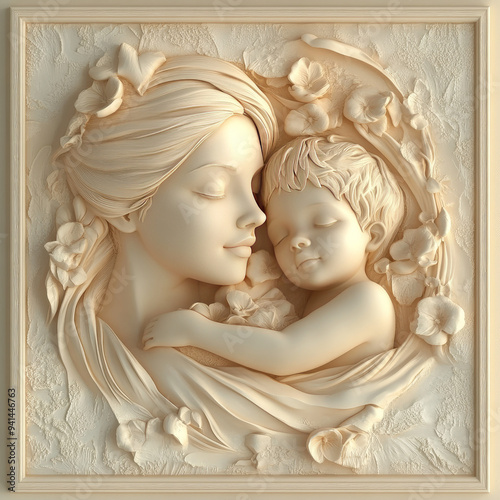 3D bas-relief of a mother and child close-up in vanilla and beige tones. A resource for advertising reproductive medicine centers, perinatal departments, a sketch, a template for creativity, creative 