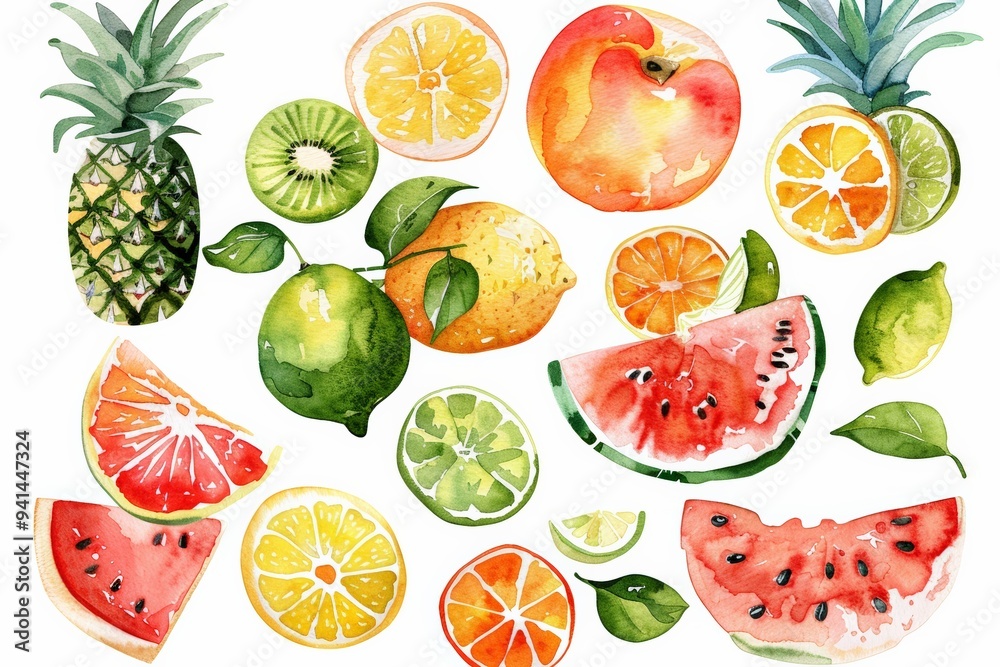 Watercolor illustration of a variety of tropical fruits, including kiwi, pineapple, watermelon, and citrus, arranged in a vibrant and colorful pattern.