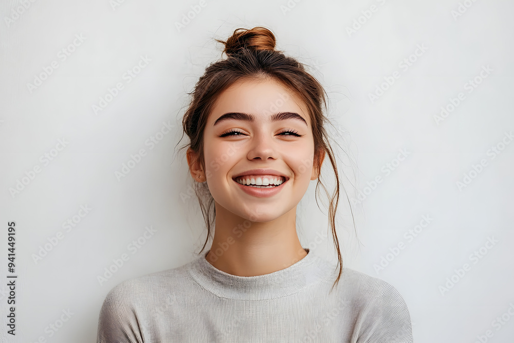 Headshot of good-looking lucky woman with tied hair pure skin and broad smile being happy to watch at camera. Sincere female with beautiful appearance wearing casual clothes isolated over white wall Headshot of good-looking lucky woman with tied hair pure skin and broad smile being happy to watch at camera. Sincere female with beautiful appearance wearing casual clothes isolated over white wall