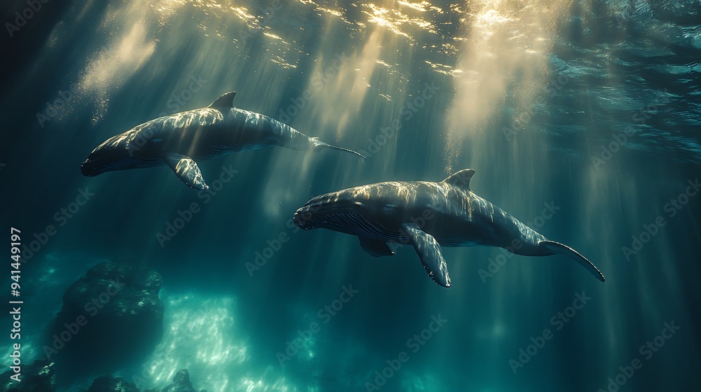 Fototapeta premium Two humpback whales swim through sunlit ocean water.