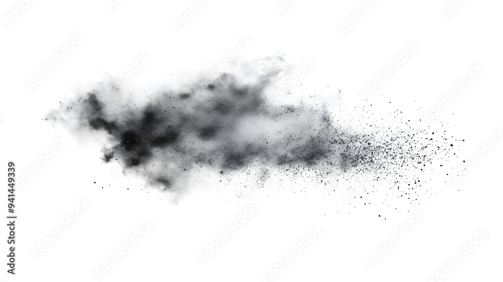 Fototapeta premium CG Floating Cloud of Dust Particles: A diffuse cloud of tiny CG dust particles, softly lit and suspended in mid-air on a white background. 