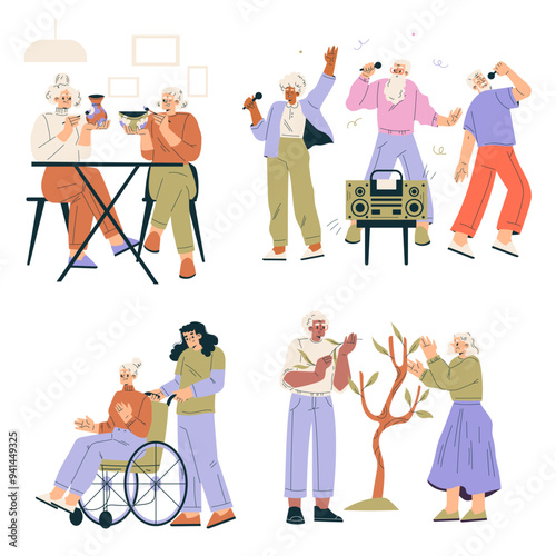 Nursing Home with Retired Man and Woman Character Doing Different Activity Vector Set