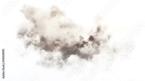 CG Floating Cloud of Dust Particles: A diffuse cloud of tiny CG dust particles, softly lit and suspended in mid-air on a white background. 