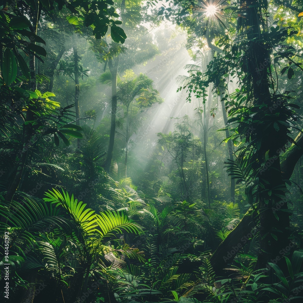 A lush, sun-dappled tropical rainforest with dense vegetation and light filtering through the canopy, creating a serene and vibrant natural scene.
