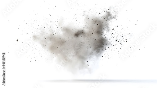 CG Floating Cloud of Dust Particles: A diffuse cloud of tiny CG dust particles, softly lit and suspended in mid-air on a white background.
