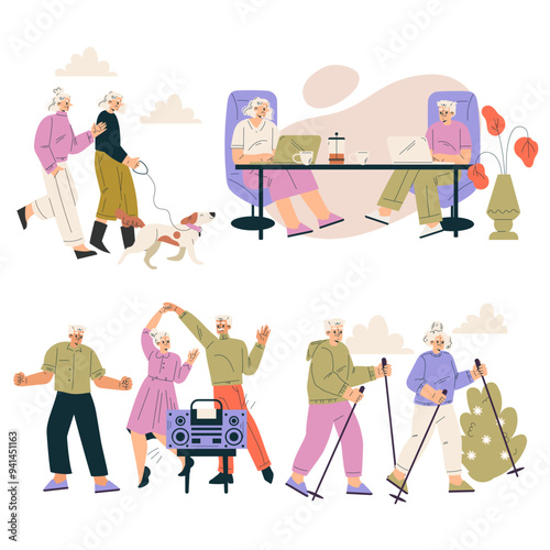 Nursing Home with Retired Man and Woman Character Doing Different Activity Vector Set