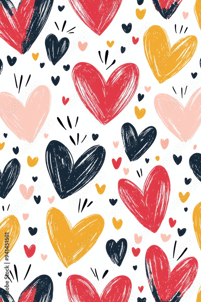 Vibrant hand-drawn hearts pattern in red, black, pink, and yellow on a white background. Perfect for textiles, prints, and valentine designs. Vibrant hand-drawn hearts pattern in red, black, pink, and yellow on a white background. Perfect for textiles, prints, and valentine designs.