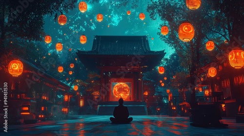 The image portrays a serene, mystical night scene in a traditional East Asian temple complex adorned with numerous glowing orange lanterns. The foreground shows a silhouetted figure sitting in a medit photo