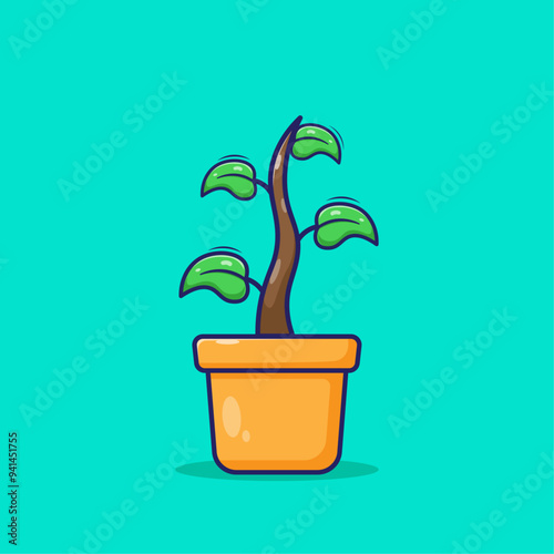 Green sprout grow with some leaves on its side. Seedling and planting phases. Simple plant illustration concept