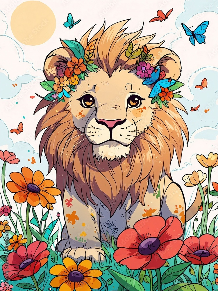 A whimsical lion adorned with flowers and butterflies colorful sketch A whimsical lion adorned with flowers and butterflies colorful sketch