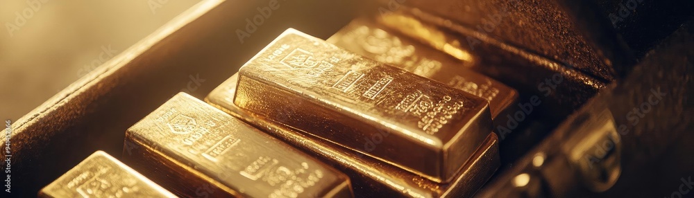 Close-up view of shiny gold bars stacked in a secure vault, symbolizing wealth, luxury, and financial security. Close-up view of shiny gold bars stacked in a secure vault, symbolizing wealth, luxury, and financial security.