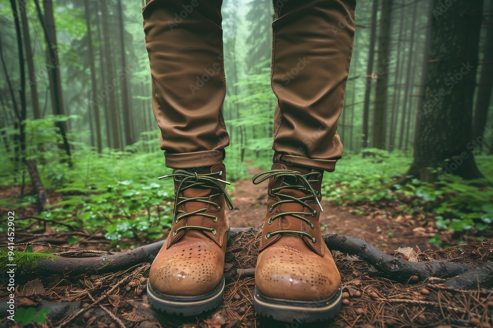 Legs on mountain trail during trekking in forest. Close up of hiking boots Legs on mountain trail during trekking in forest. Close up of hiking boots