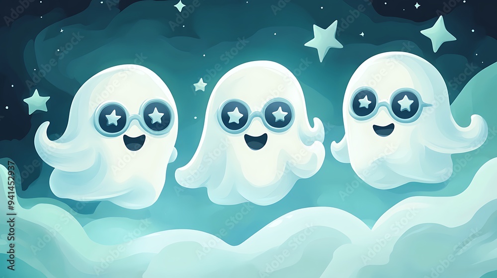 Obraz premium Whimsical Jolly Ghost Trio in Star-Shaped Glasses Vector Illustration for Halloween - Fun and Pastel Cute Ghosts Floating in Swirling Fog on Shirt Design