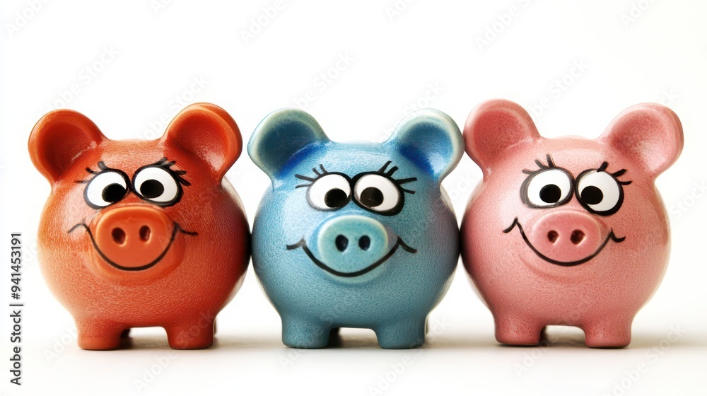 Cute ceramic piggy banks in bright colors arranged neatly on white Cute ceramic piggy banks in bright colors arranged neatly on white