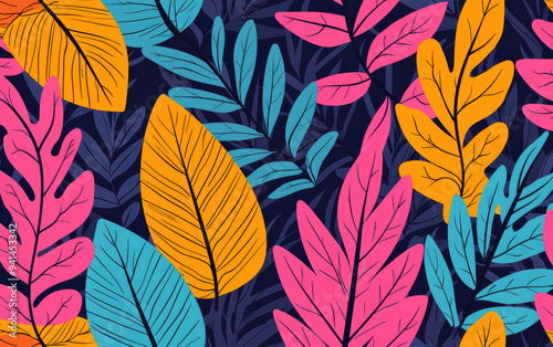 Vibrant colorful tropical leaves pattern with orange, pink, and blue leaves on dark background. Ideal for wallpapers, textiles, and decorative arts.