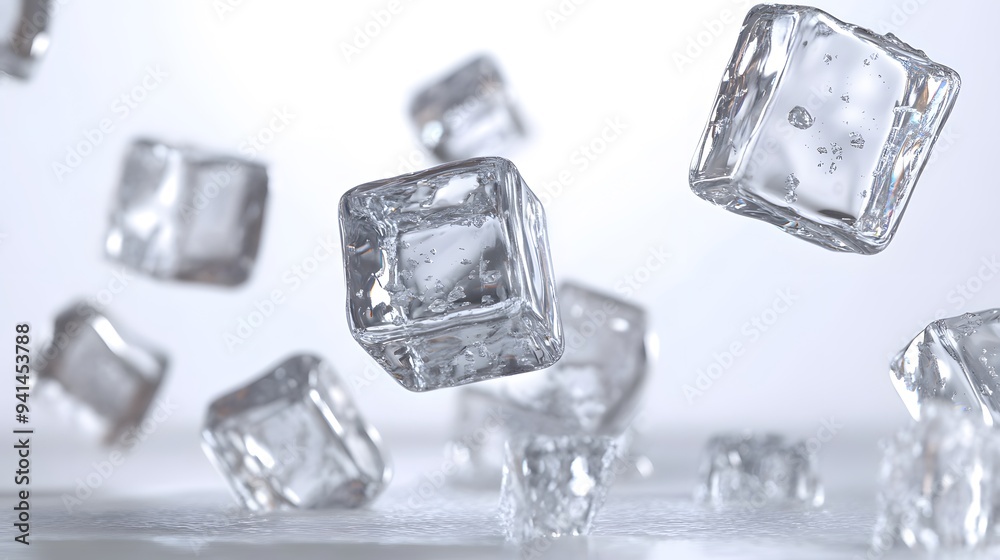 CG Floating Ice Cubes: Perfectly clear CG ice cubes hovering above a white background, with detailed textures and light reflections.
CG Floating Ice Cubes: Perfectly clear CG ice cubes hovering above a white background, with detailed textures and light reflections.