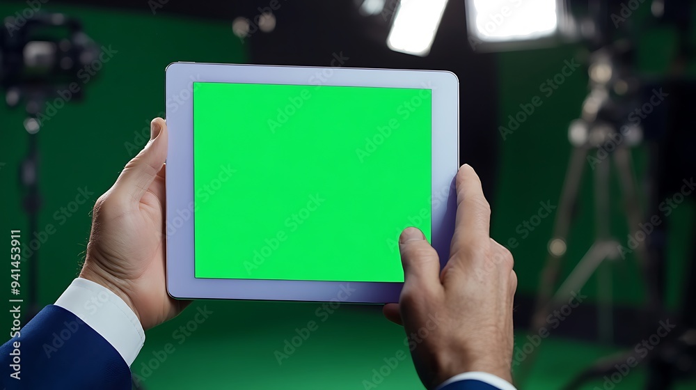 Modern Business Technology Concept - Close-up of White Businessman's Hand Holding Purple Tablet with Green Screen on Chroma Key Background Modern Business Technology Concept - Close-up of White Businessman's Hand Holding Purple Tablet with Green Screen on Chroma Key Background