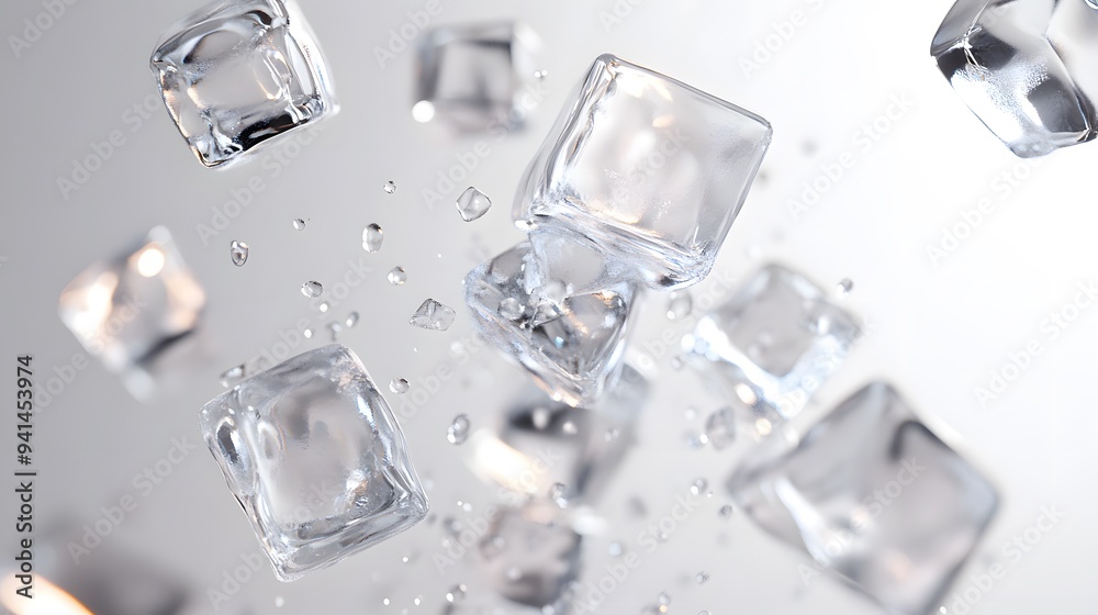 CG Floating Ice Cubes: Perfectly clear CG ice cubes hovering above a white background, with detailed textures and light reflections.
