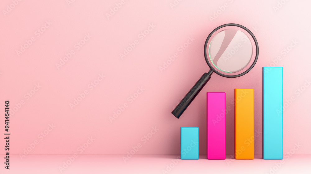 Colorful bar chart with magnifying glass on pink background, symbolizing data analysis and business growth. Colorful bar chart with magnifying glass on pink background, symbolizing data analysis and business growth.