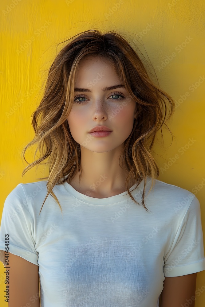 Fototapeta premium Clean top half body portrait of a young woman in a white t-shirt, with a yellow blur background, ideal for clothing brand imagery.