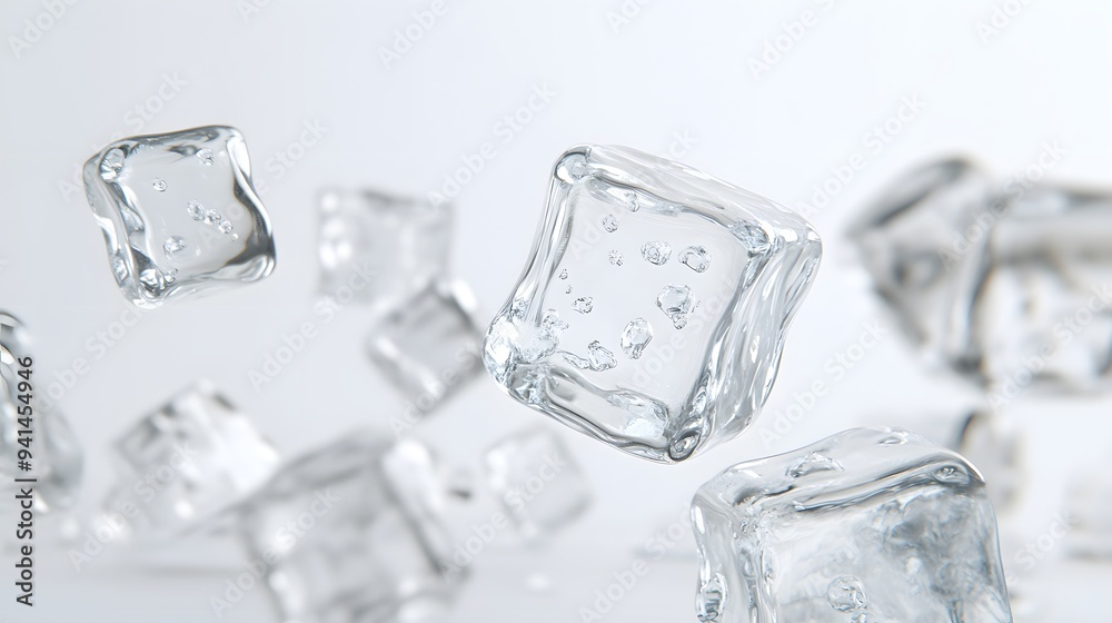 CG Floating Ice Cubes: Perfectly clear CG ice cubes hovering above a white background, with detailed textures and light reflections.
CG Floating Ice Cubes: Perfectly clear CG ice cubes hovering above a white background, with detailed textures and light reflections.