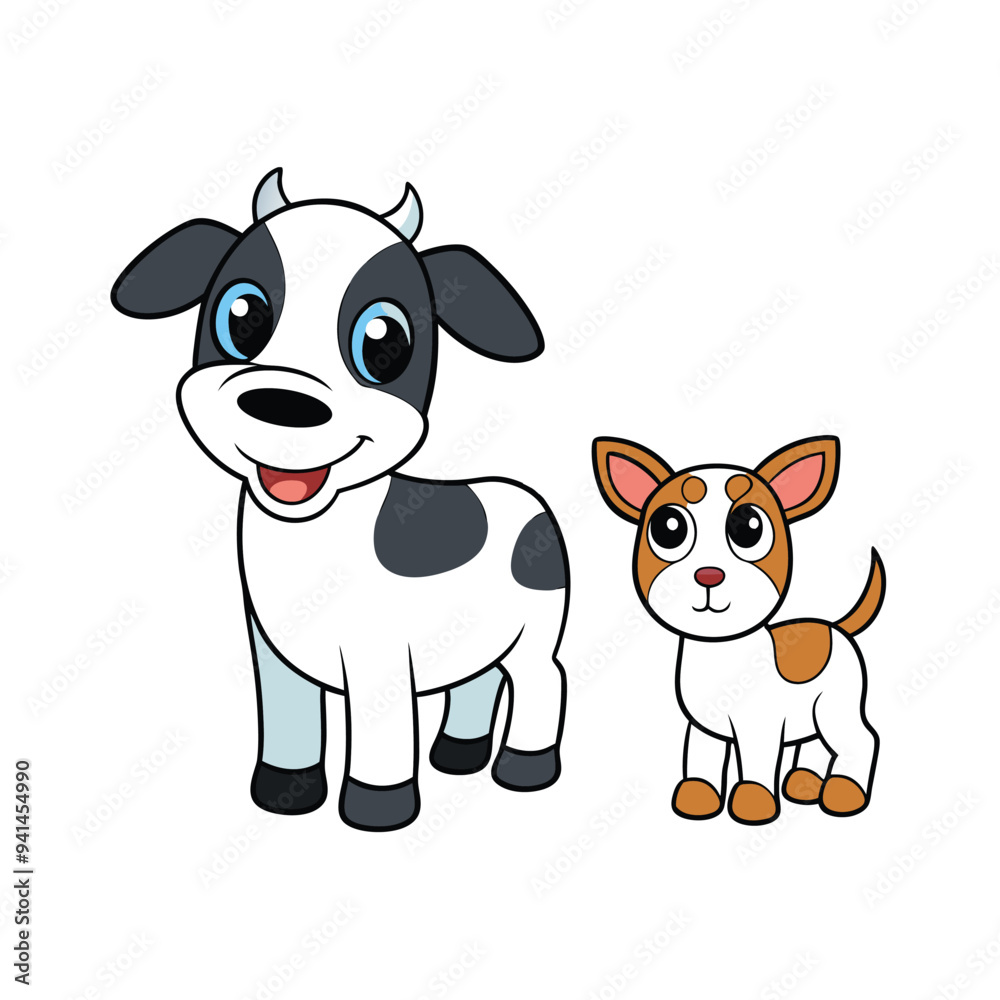 Cartoon vector of a calf and puppy with emotional expressions on a white background.