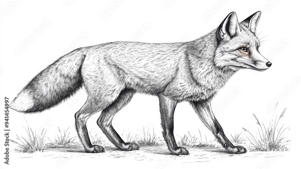 Black and white sketch of a walking fox Generative AI Black and white sketch of a walking fox Generative AI