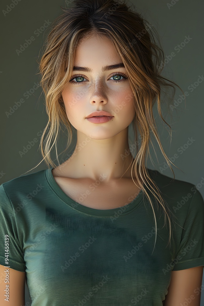 Naklejka premium Top half portrait of a young woman in a green t-shirt, looking directly at the camera with a white blurred background.