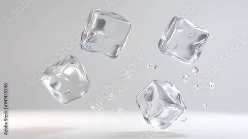 CG Floating Ice Cubes: Perfectly clear CG ice cubes hovering above a white background, with detailed textures and light reflections. 