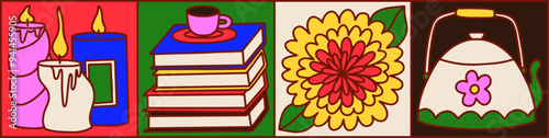 Cute colorful set of hand drawn autumn illustrations. Cartoon style. Cozy home. Fall elements. Bright pattern background. Candles, books, cup of coffee, chrysanthemum flower and teapot icons. 
