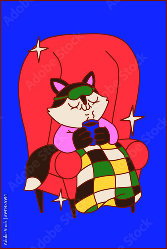 Cute colorful autumn hand drawn vector illustration. Funny cat sits in a red armchair with blanket, drinking a cup of tea. Cozy home decor. Fall bright poster. Stars elements.