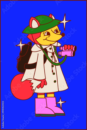Cute colorful autumn hand drawn vector illustration. Happy adventurous fox is hiking in the forest. Raincoat, rain boots, binocular and a backpack: ready for a camp! Stars elements. Bright fall poster