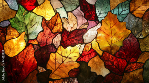 Autumn leaves stained glass wallpaper background