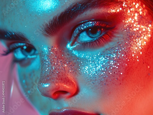 Vibrant Glamour: Dazzling Makeup Look with Blue and Pink Glitter.