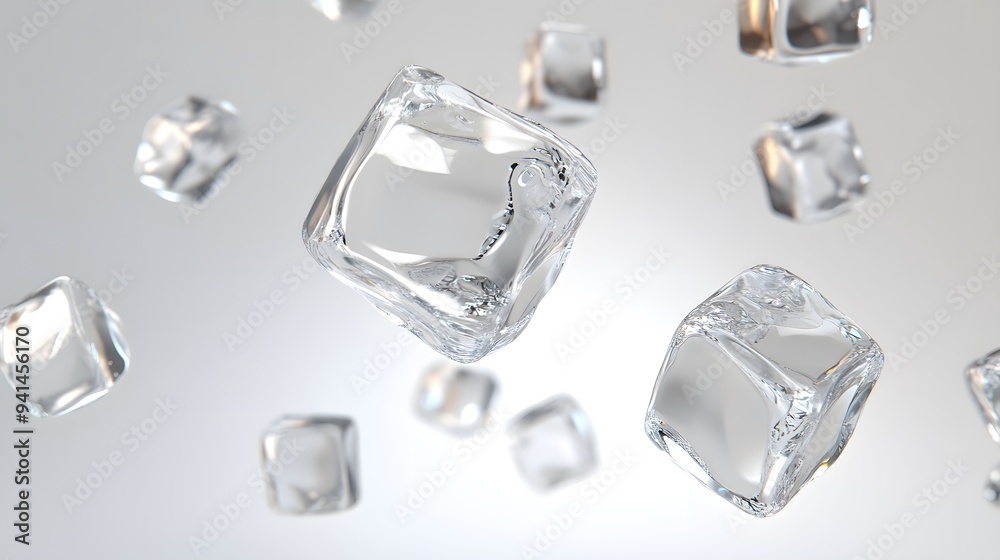 CG Floating Ice Cubes: Perfectly clear CG ice cubes hovering above a white background, with detailed textures and light reflections.
CG Floating Ice Cubes: Perfectly clear CG ice cubes hovering above a white background, with detailed textures and light reflections.