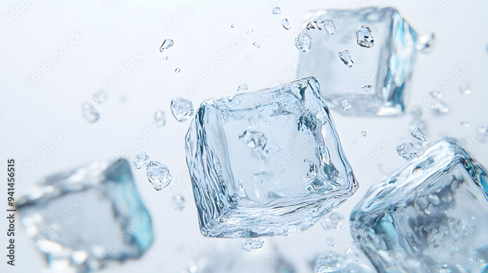CG Floating Ice Cubes: Perfectly clear CG ice cubes hovering above a white background, with detailed textures and light reflections.
CG Floating Ice Cubes: Perfectly clear CG ice cubes hovering above a white background, with detailed textures and light reflections.