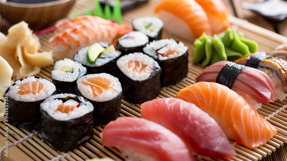 a beautifully arranged sushi platter, featuring a variety of sushi rolls, nigiri, and sashimi, served with soy sauce, wasabi, and pickled ginger on a bamboo mat a beautifully arranged sushi platter, featuring a variety of sushi rolls, nigiri, and sashimi, served with soy sauce, wasabi, and pickled ginger on a bamboo mat